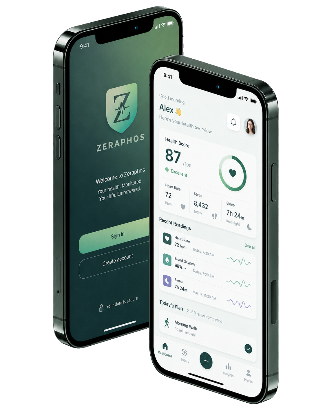 Zeraphos family app showing health dashboard and care updates